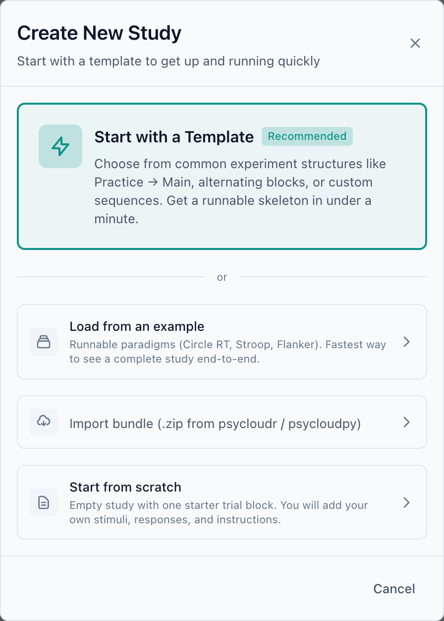 The Create New Study dialog with four options: Start with a Template, Load from an example, Import bundle, and Start from scratch.