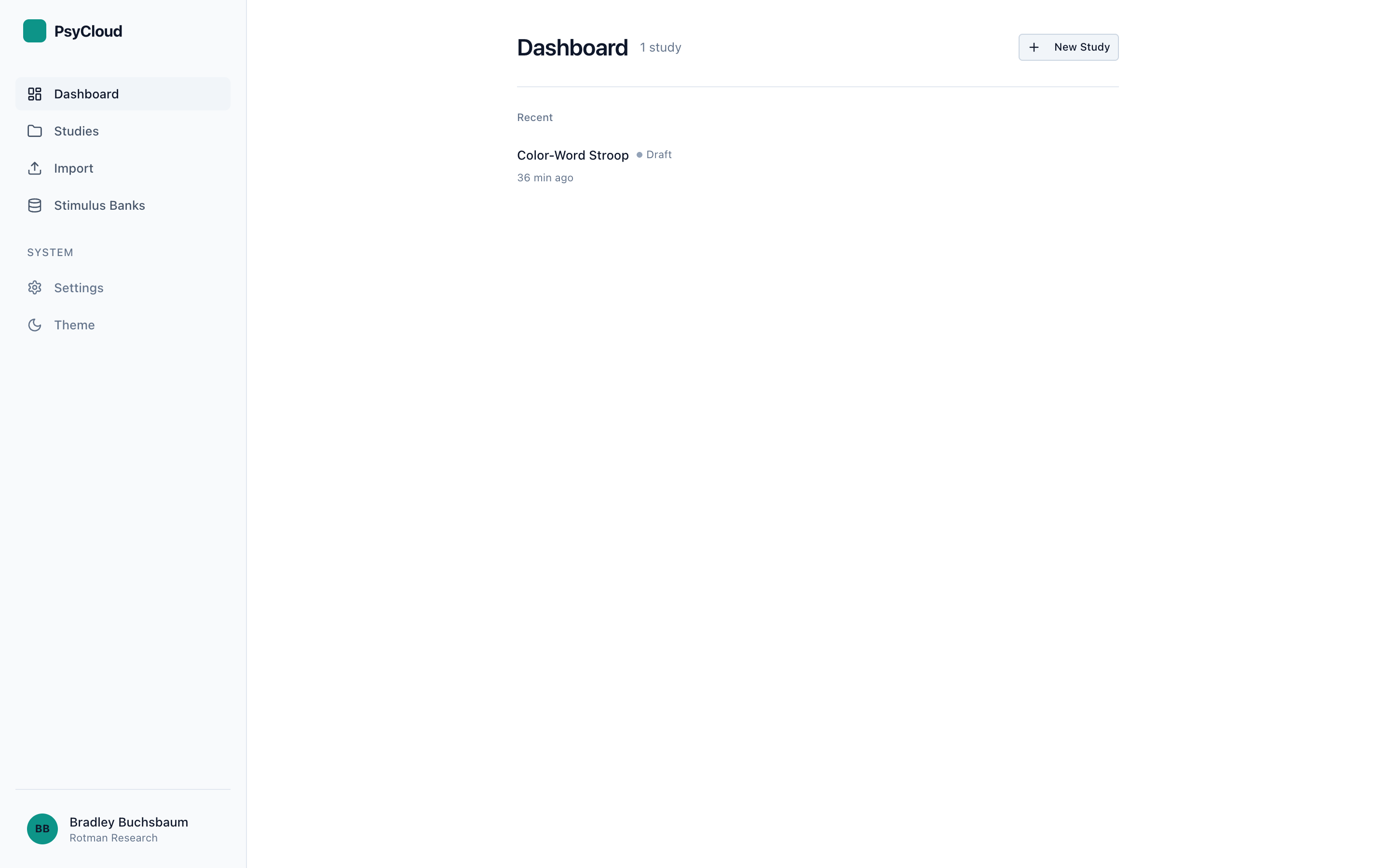 The Studio dashboard listing studies, with a New Study button.