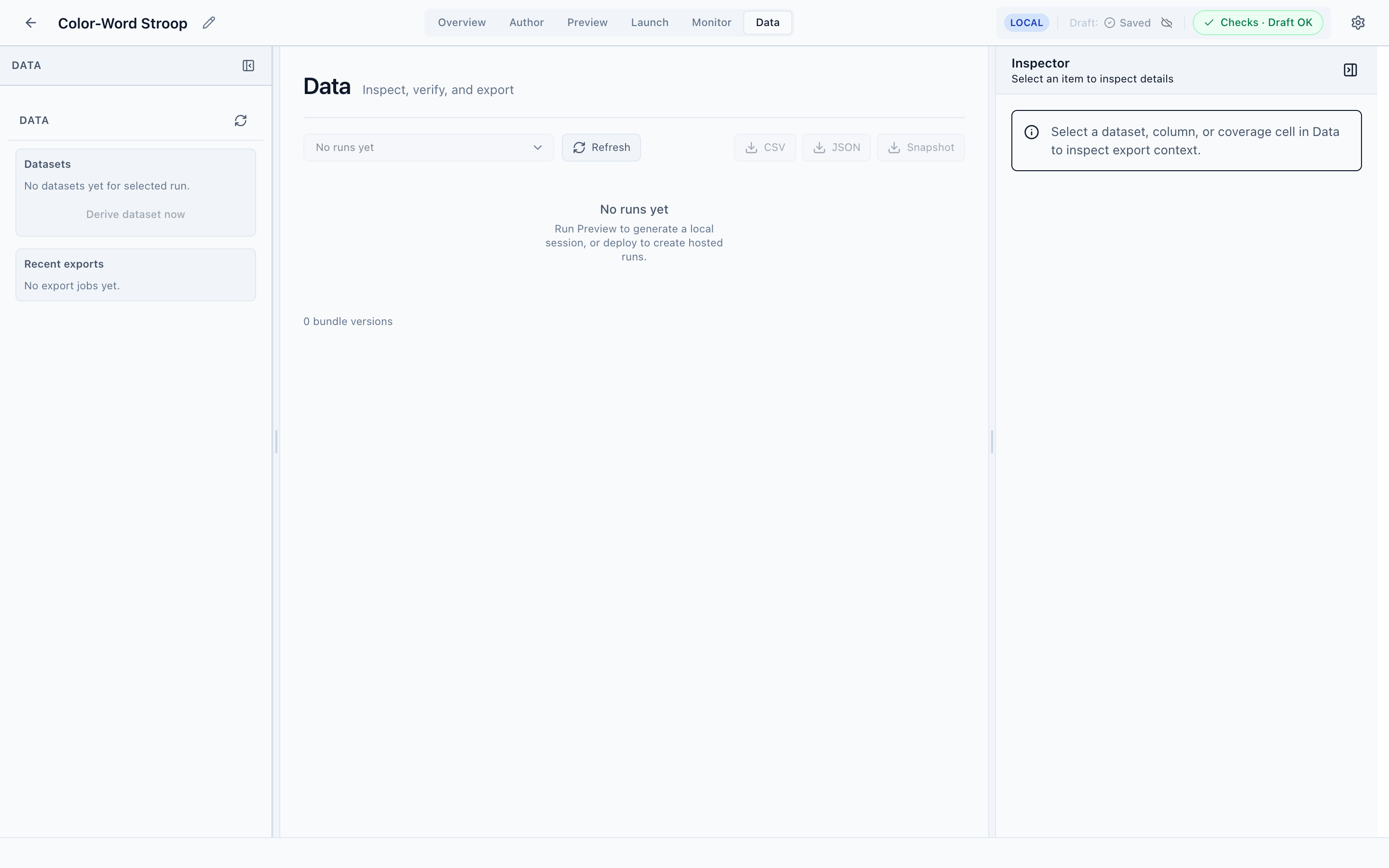 The Data perspective with a run selector, CSV/JSON/Snapshot export buttons, and a 'No runs yet' empty state.