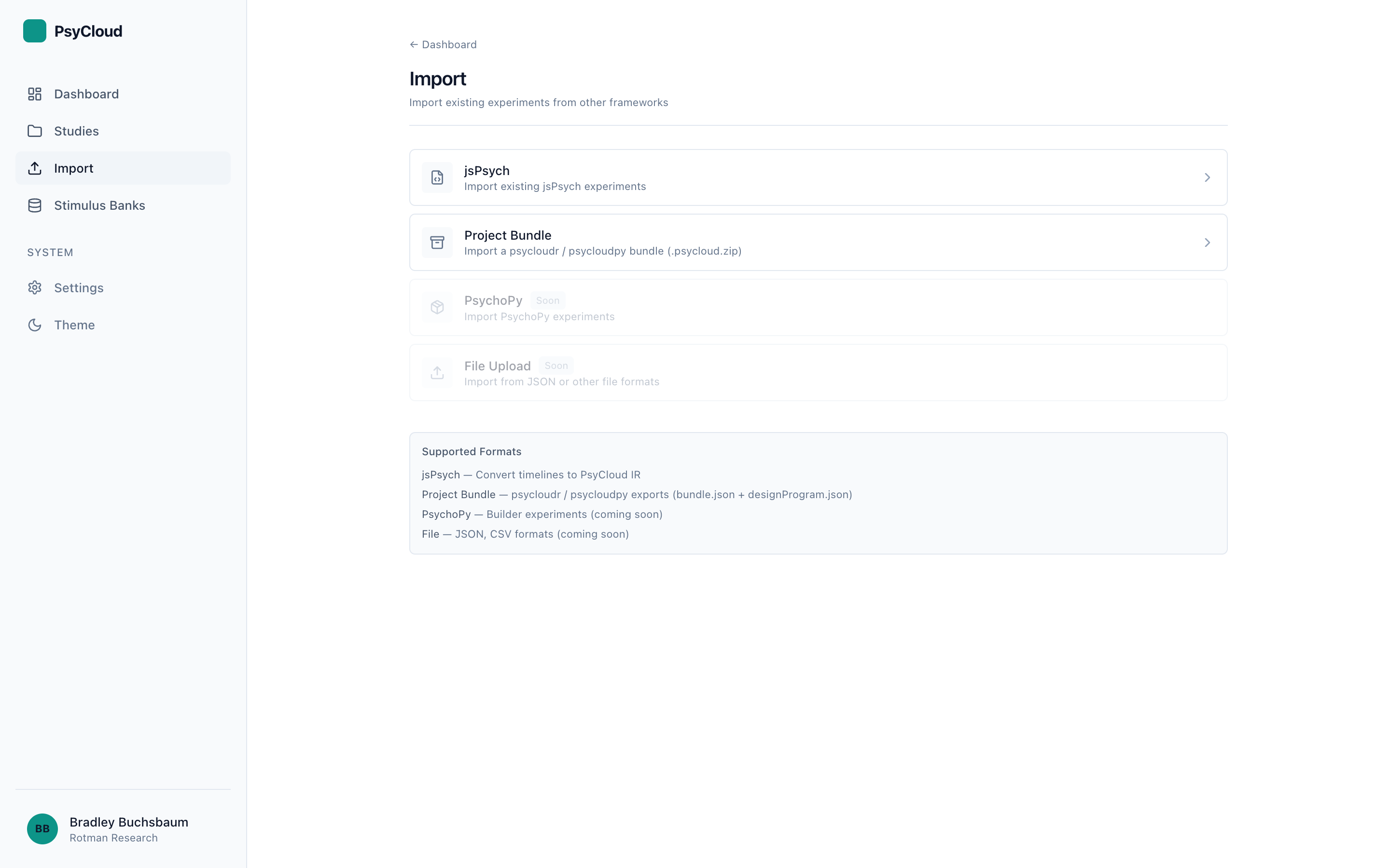 The Import page listing jsPsych and Project Bundle as available, with PsychoPy and File Upload marked Soon.