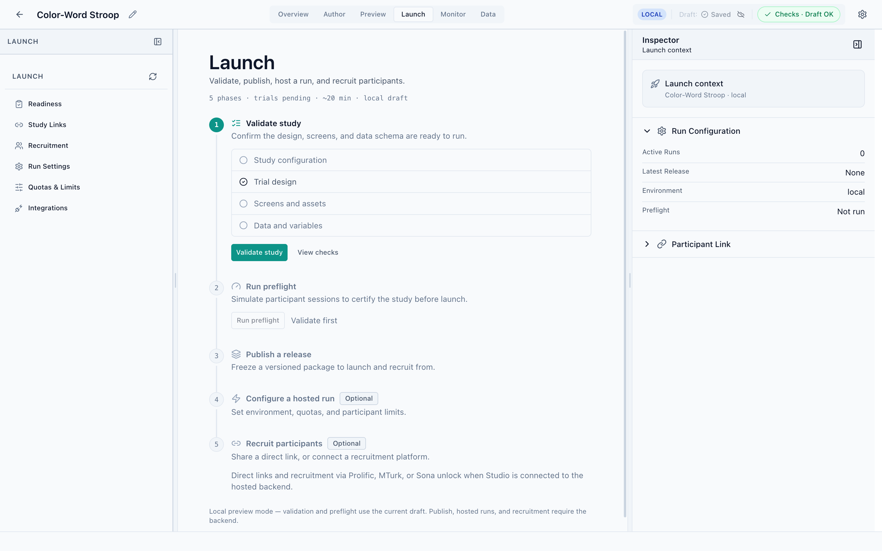 The Launch perspective showing five numbered steps: Validate study, Run preflight, Publish a release, Configure a hosted run, and Recruit participants.